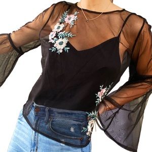 flower-embroidered mesh bell-sleeve top